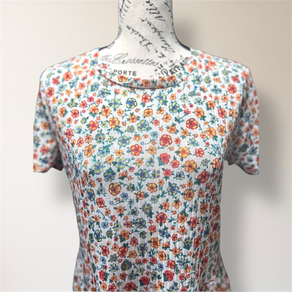ZARA M Cream Floral Ribbed Knit Tiered Mini Dress Short Sleeve Cottagecore Boho - Picture 4 of 7